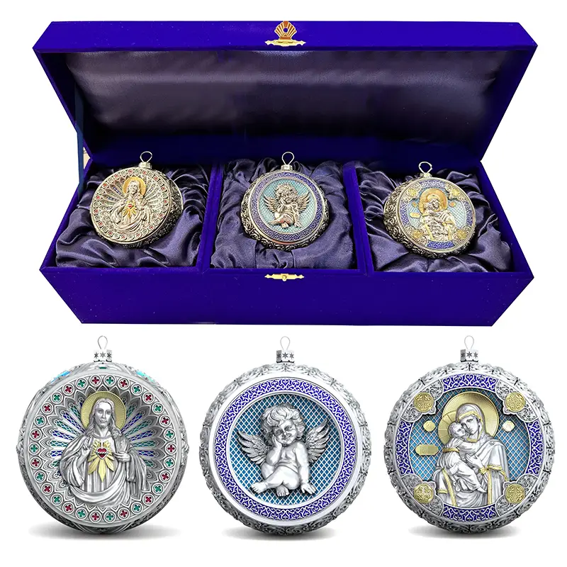 Набор из 3 серебряных ёлочных шаров "Спаситель, Ангелочек и Владимирская Богородица"