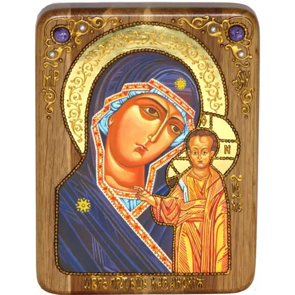 Икона "Казанская икона Божией Матери" на мореном дубе с нимбом из сусального золота в березовом киоте
