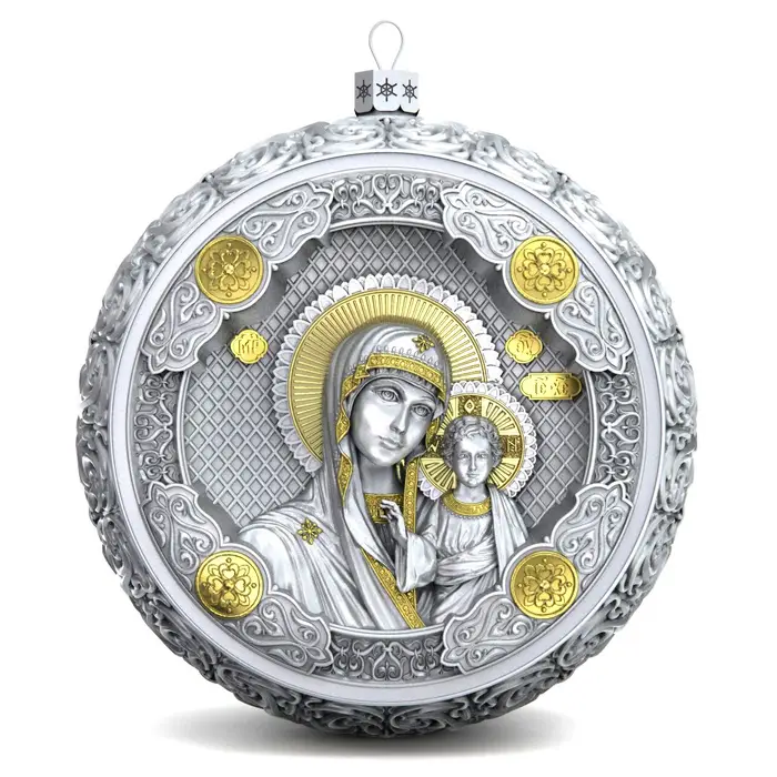 Серебряный елочный шар "Казанская Богородица"