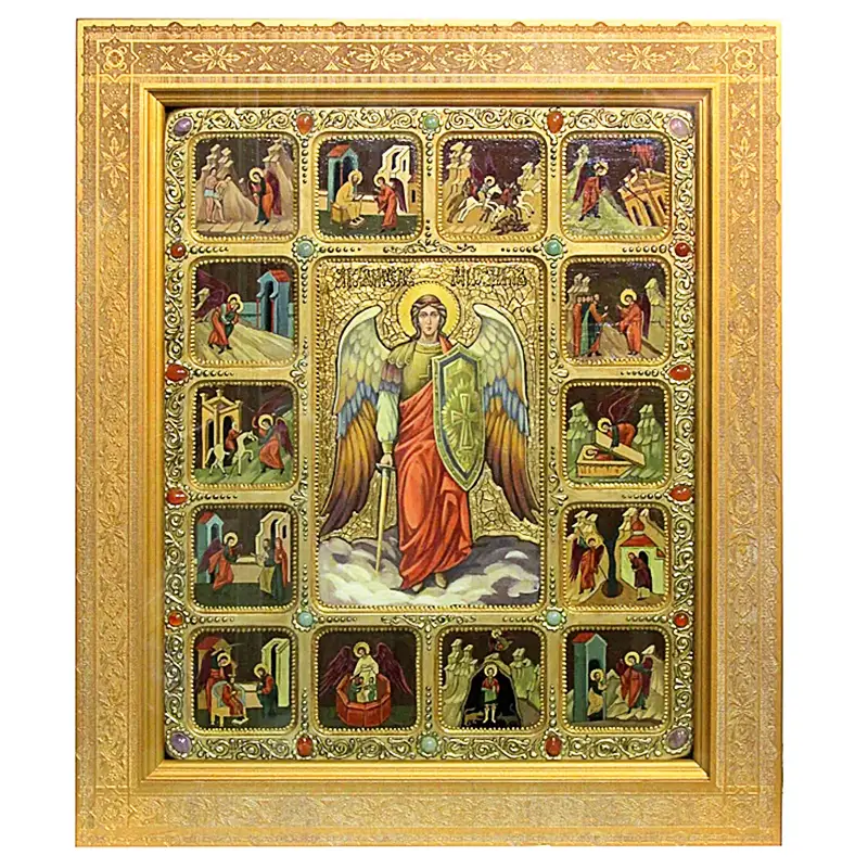 Живописная икона Архангел Михаил с житийными сценами на кипарисовой доске