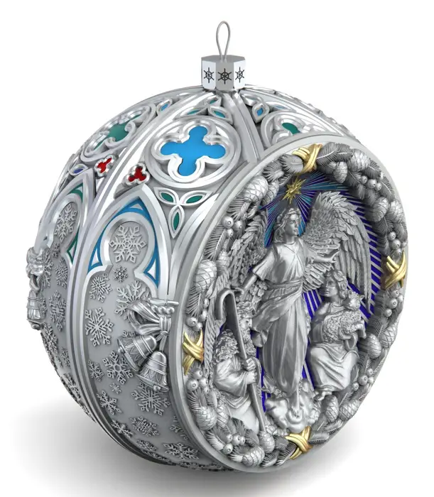 Серебряный елочный шар "Явление Ангела" с эмалью