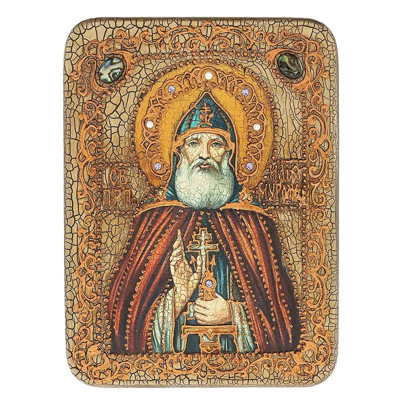 Подарочная икона "Преподобный Илья Муромец, Печерский" на мореном дубе