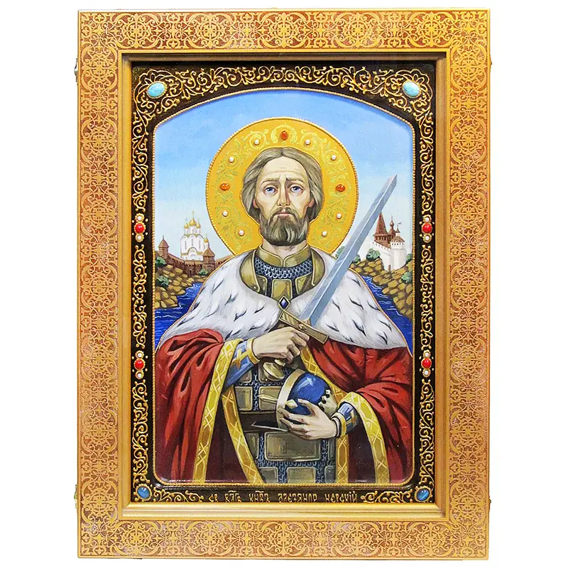 Живописная икона Святой благоверный князь Александр Невский на кипарисе