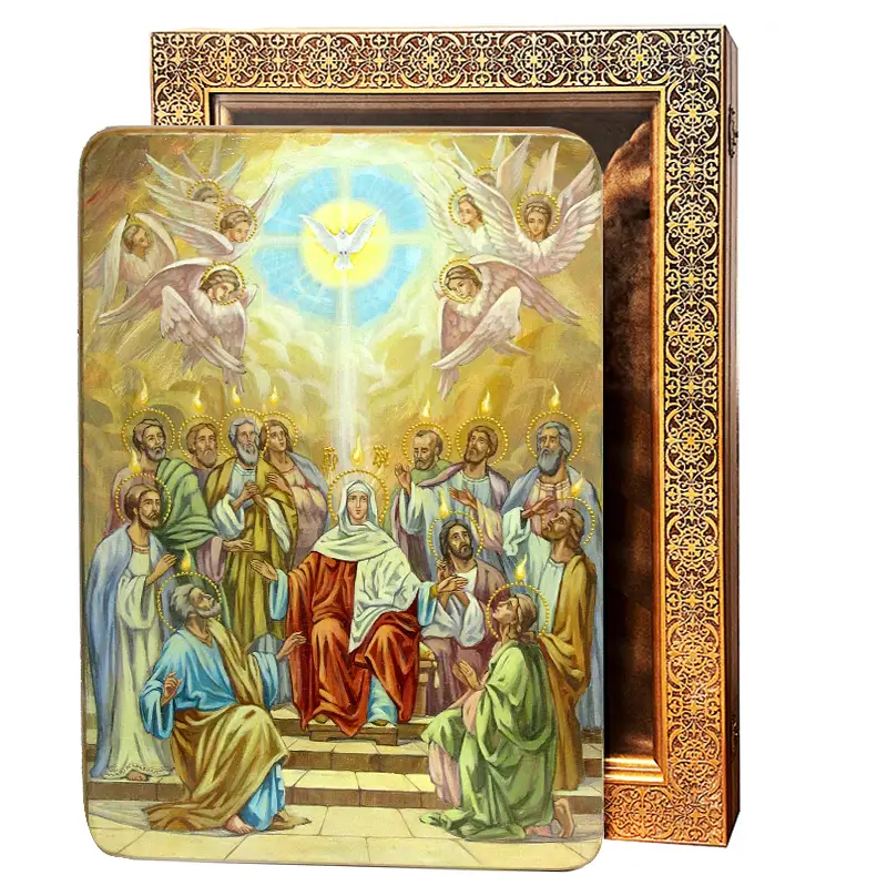 Живописная икона Сошествие Святого Духа на кипарисе в березовом киоте