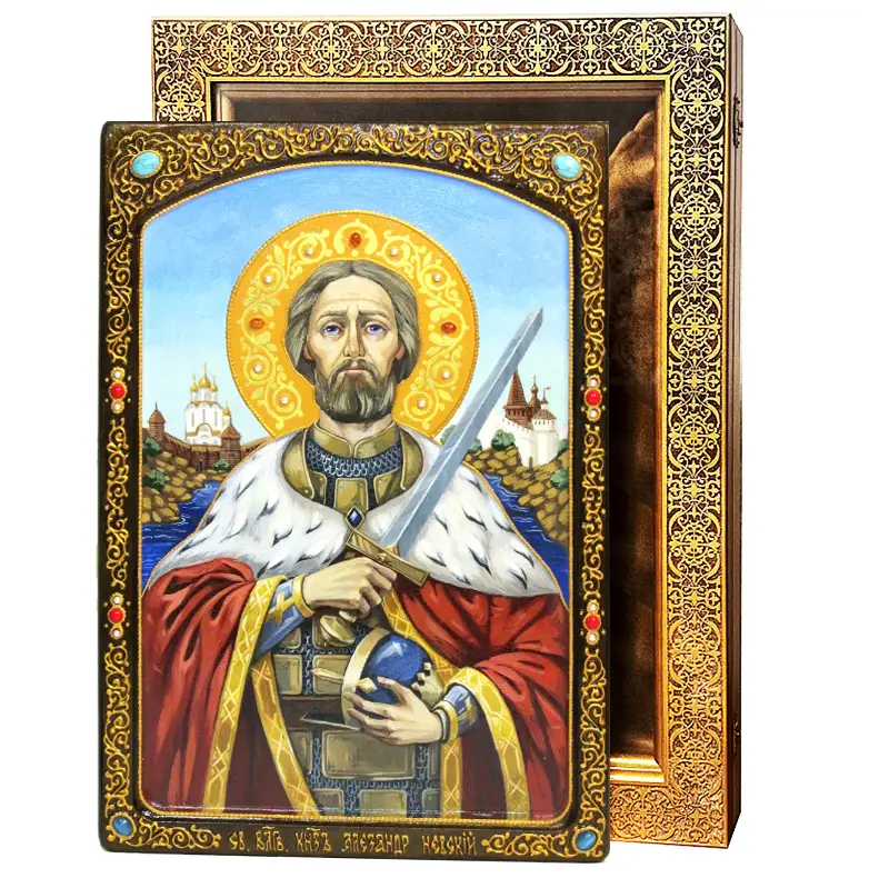 Живописная икона Святой благоверный князь Александр Невский на кипарисе