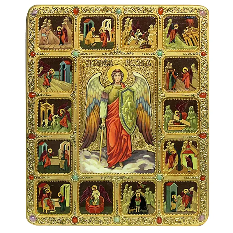 Живописная икона Архангел Михаил с житийными сценами на кипарисовой доске