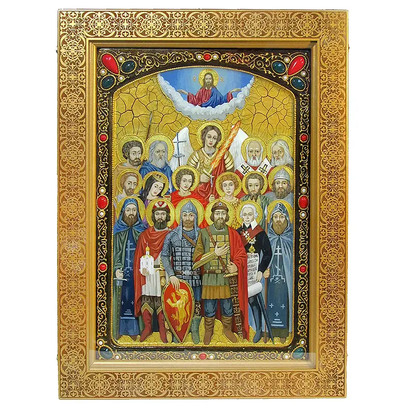 Живописная икона Собор Святых покровителей воинства российского на кипарисе