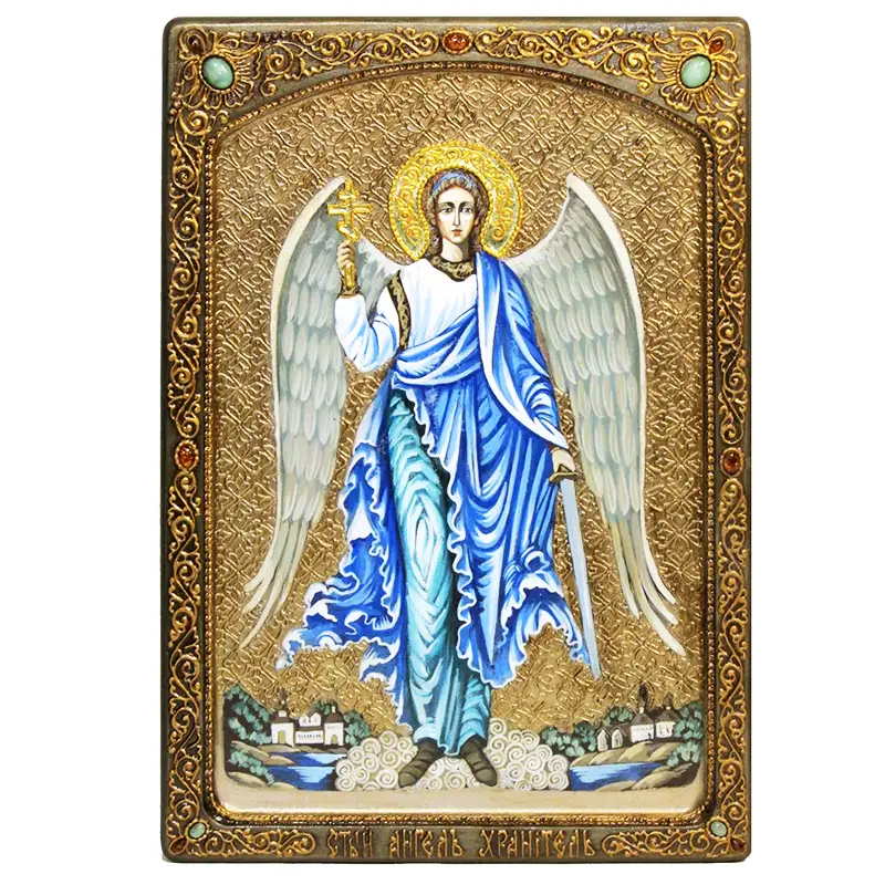 Живописная икона Ангела Хранителя на кипарисе в березовом киоте