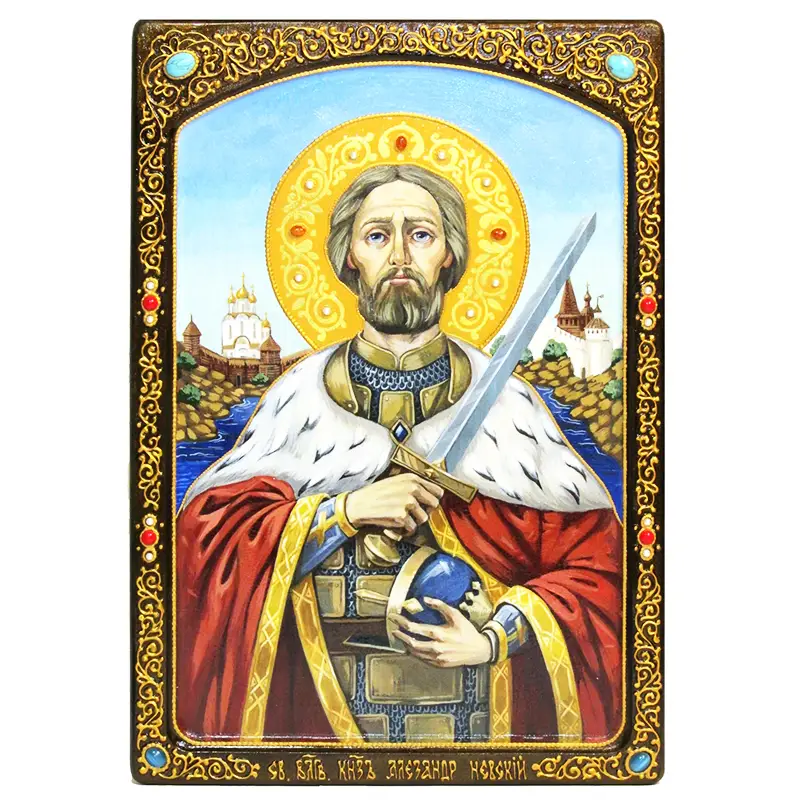 Живописная икона Святой благоверный князь Александр Невский на кипарисе