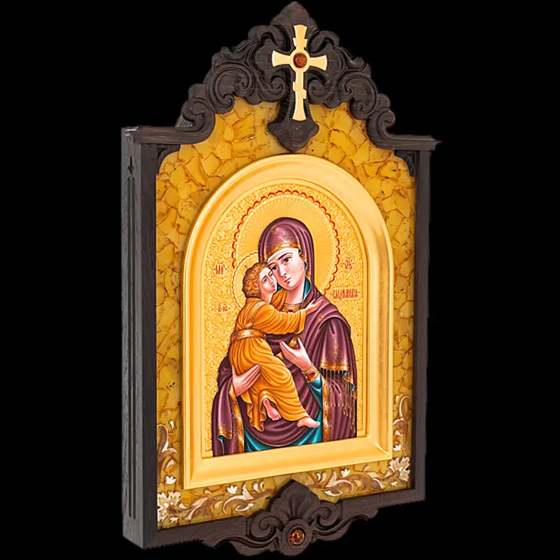 Икона из мореного дуба и янтаря "Владимирская Божья Матерь"
