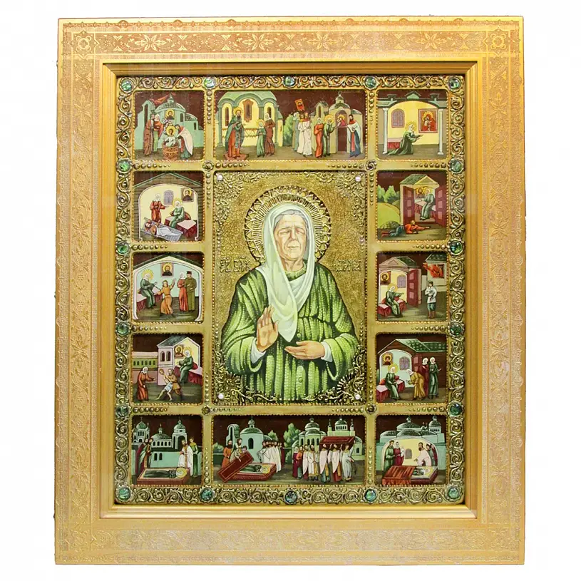Живописная икона Блаженная старица Матрона Московская с житийными сценами на кипарисе