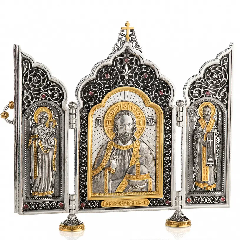 Серебряный складень «Господь Вседержитель» в позолоте