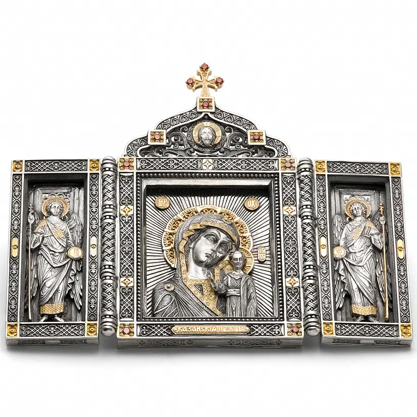 Серебряный складень «Казанская Богоматерь» с позолотой