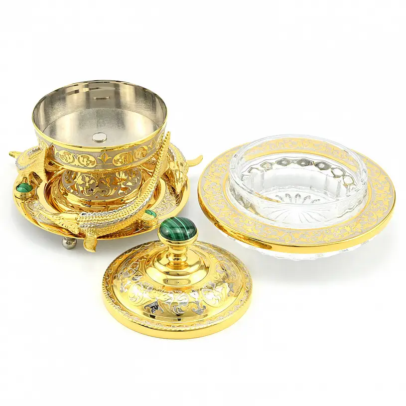 Икорница украшенная "Стерлядки" малахит, Златоуст