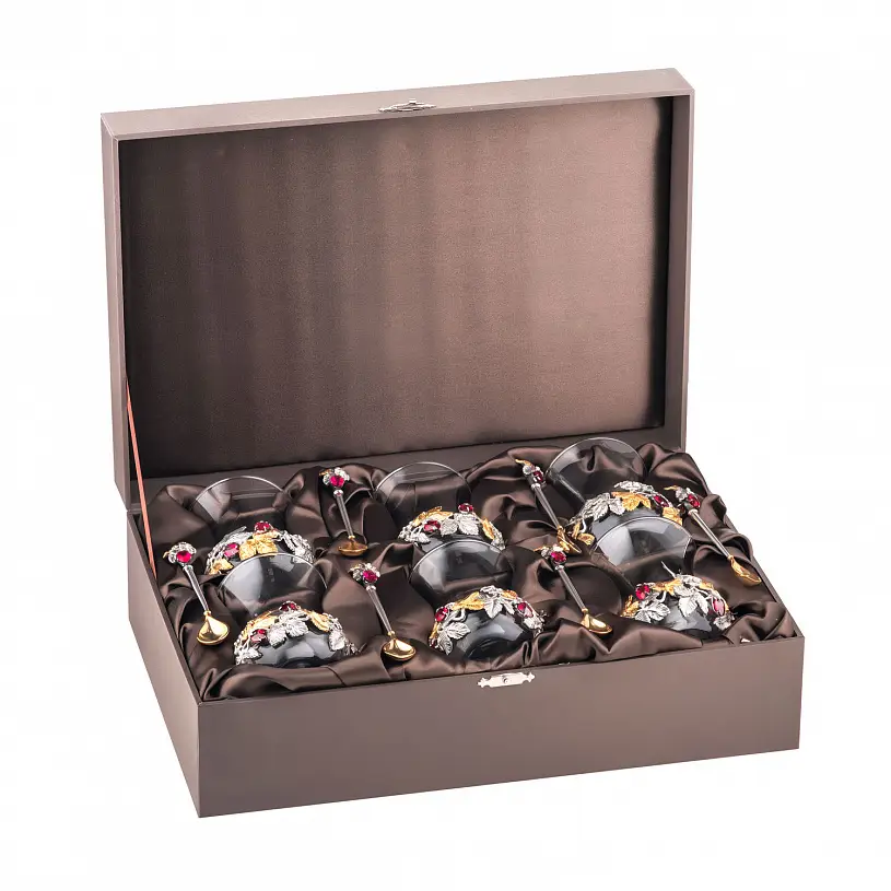 Набор серебряных армудов с ложками «Земляника» на 6 персон