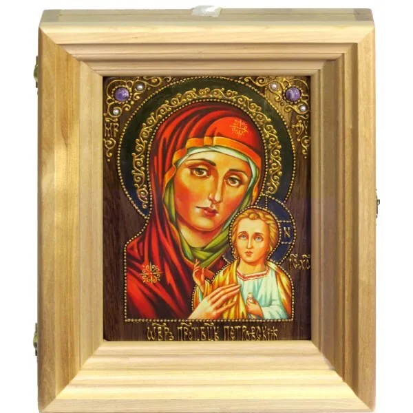 Икона "Божией Матери "Петровская" на мореном дубе с нимбом из сусального золота в березовом киоте