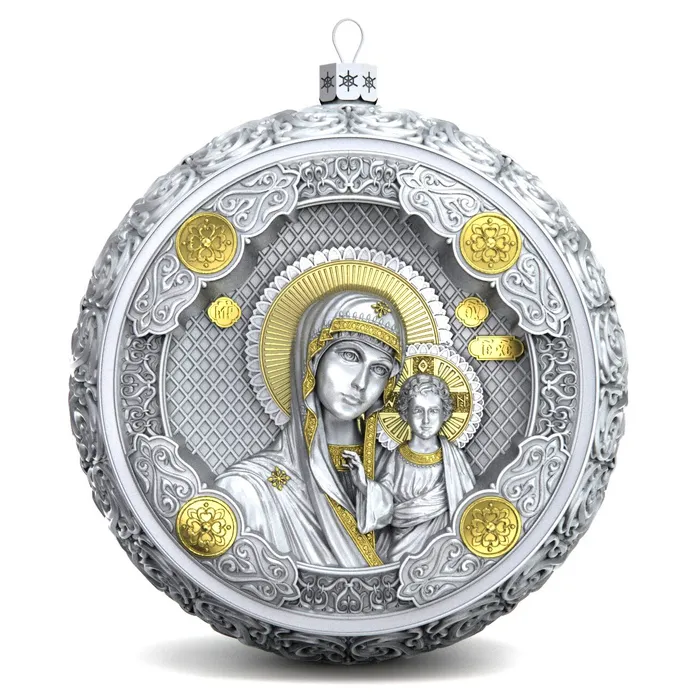 Серебряный елочный шар "Казанская Богородица"