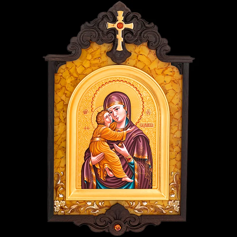 Икона из мореного дуба и янтаря "Владимирская Божья Матерь"