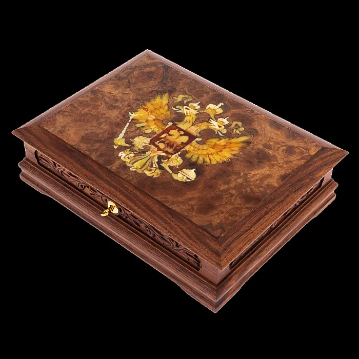 Шкатулка для документов из ореха и янтаря "Россия"