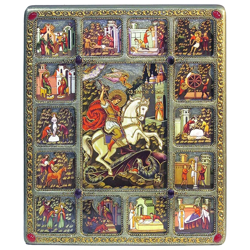 Большая подарочная икона "Георгий Победоносец" с житийными клеймами на мореном дубе