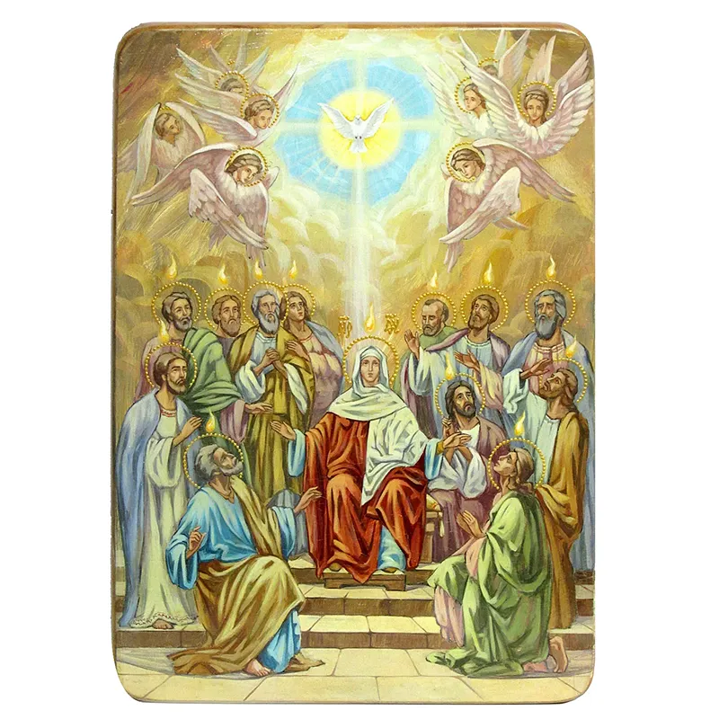 Живописная икона Сошествие Святого Духа на кипарисе в березовом киоте