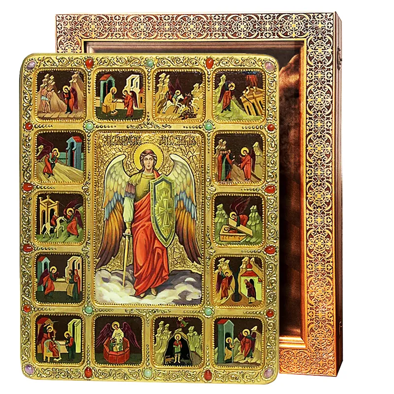 Живописная икона Архангел Михаил с житийными сценами на кипарисовой доске