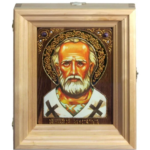 Икона "Святитель Николай чудотворец" на мореном дубе с нимбом из сусального золота в березовом киоте