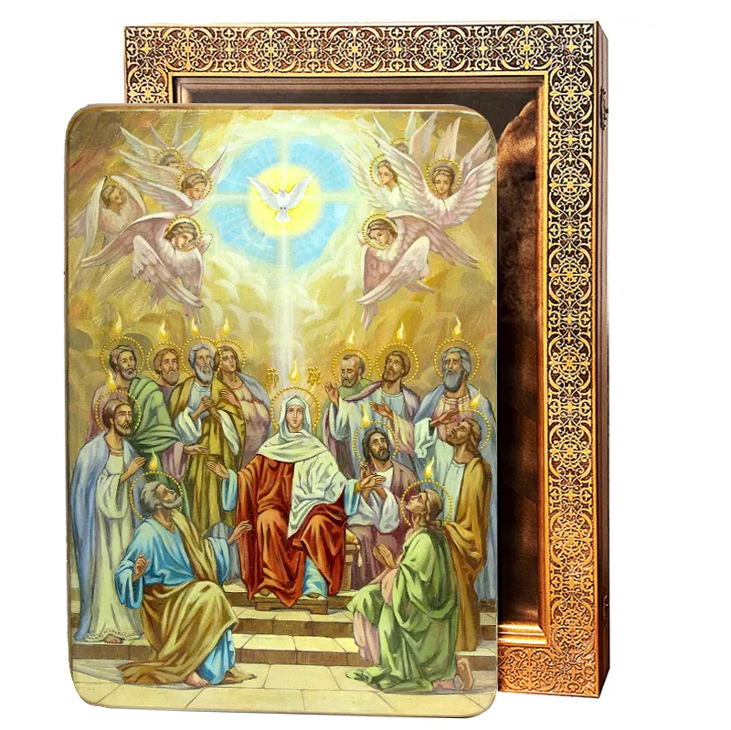 Живописная икона Сошествие Святого Духа на кипарисе в березовом киоте