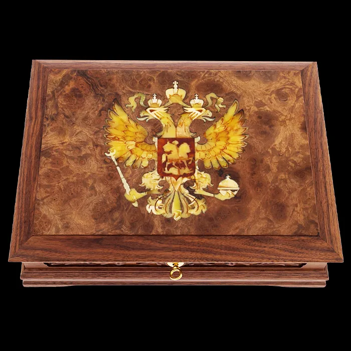 Шкатулка для документов из ореха и янтаря "Россия"