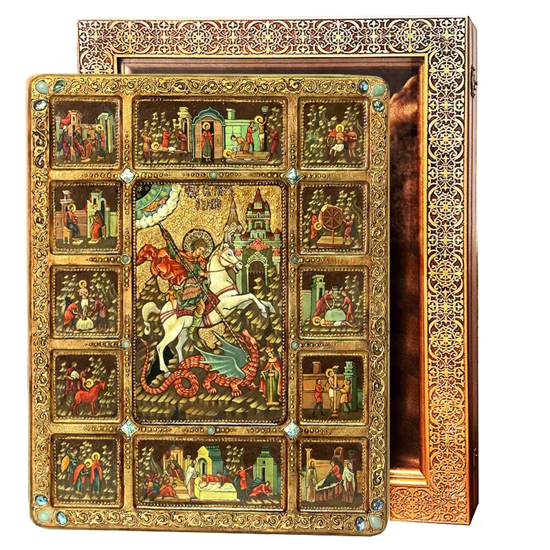 Живописная икона Георгий Победоносец с житийными сценами на кипарисовой доске