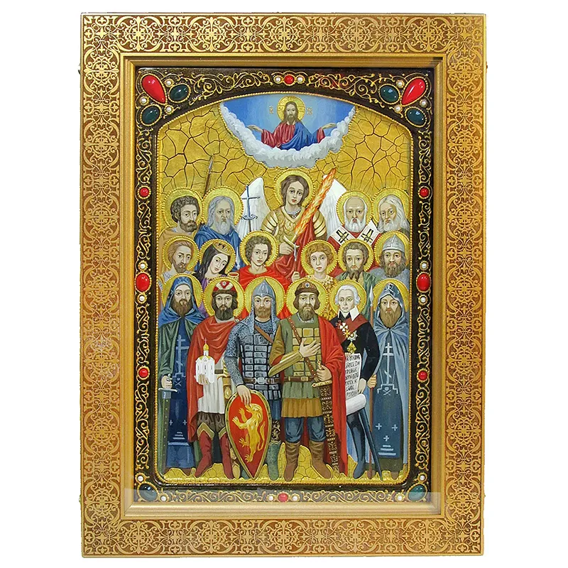 Живописная икона Собор Святых покровителей воинства российского на кипарисе