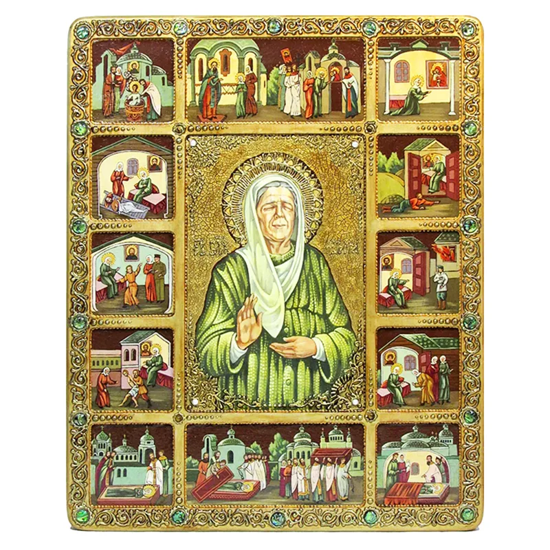 Живописная икона Блаженная старица Матрона Московская с житийными сценами на кипарисе