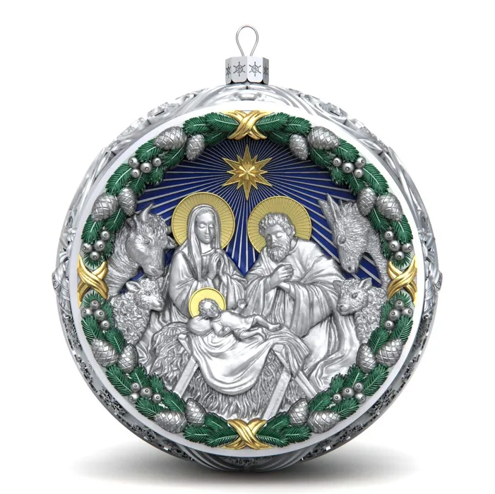 Серебряный елочный шар "Рождество" с эмалью