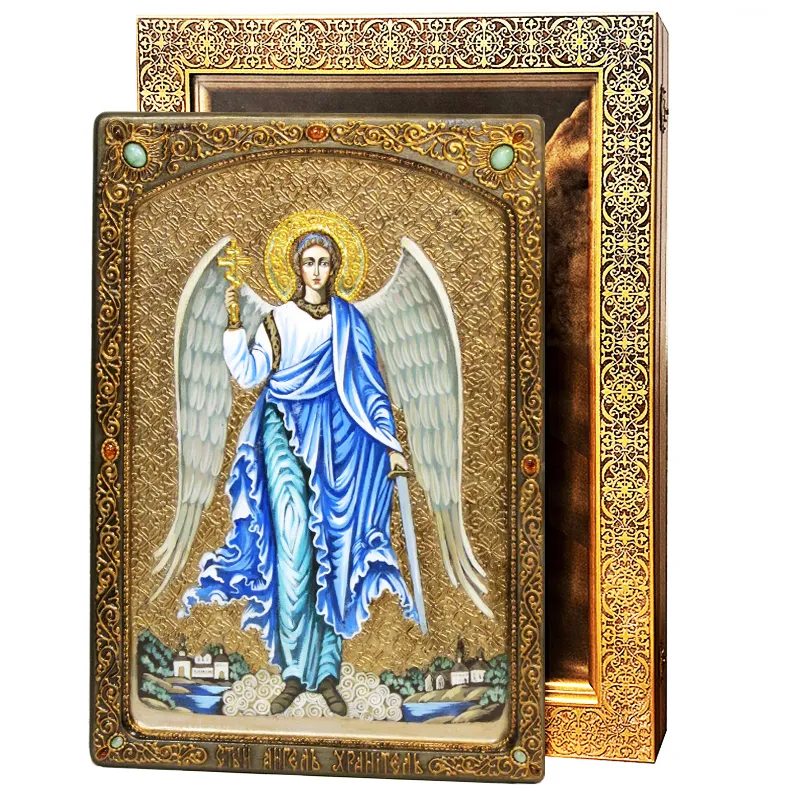Живописная икона Ангела Хранителя на кипарисе в березовом киоте