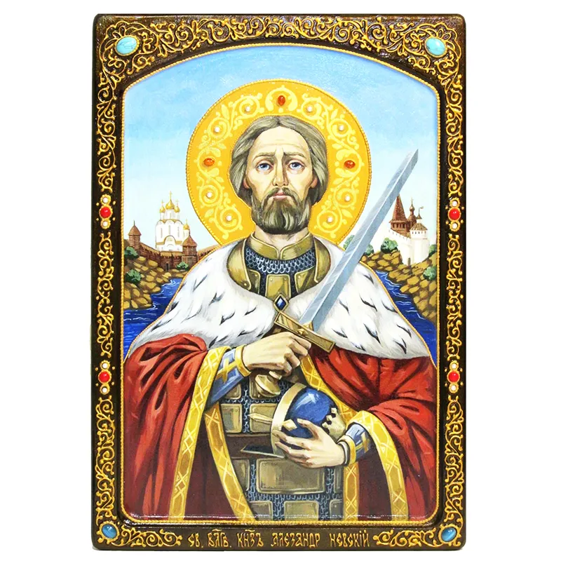 Живописная икона Святой благоверный князь Александр Невский на кипарисе
