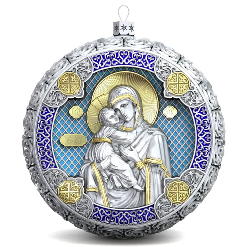 Серебряный елочный шар "Владимирская Богородица" с эмалью