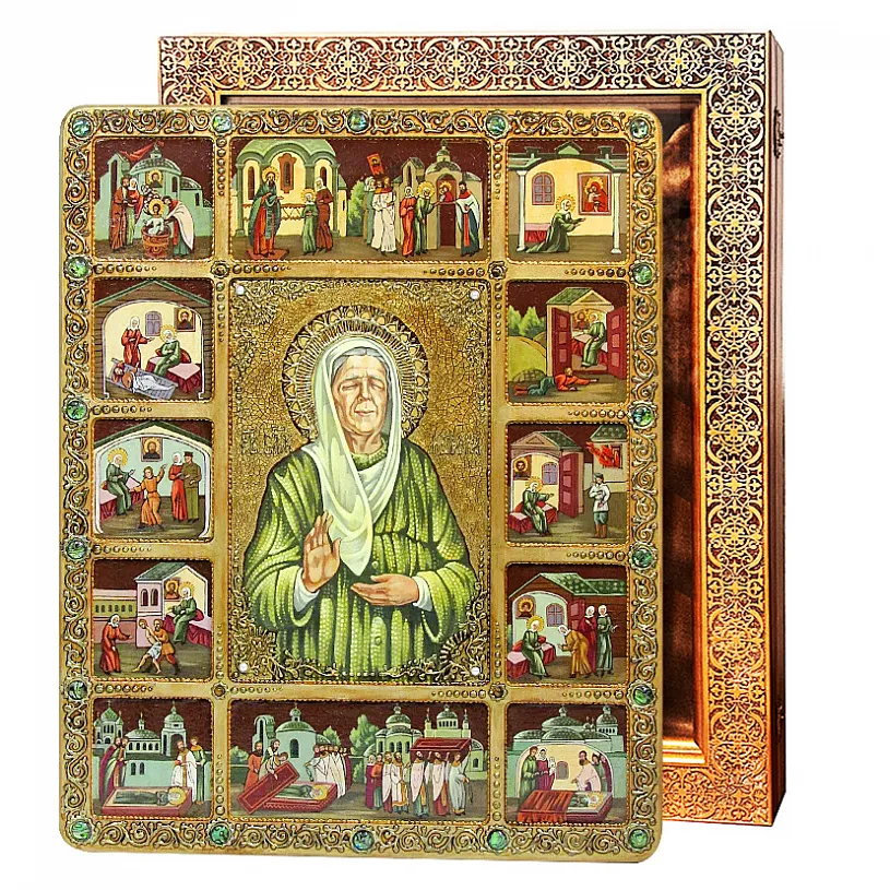 Живописная икона Блаженная старица Матрона Московская с житийными сценами на кипарисе
