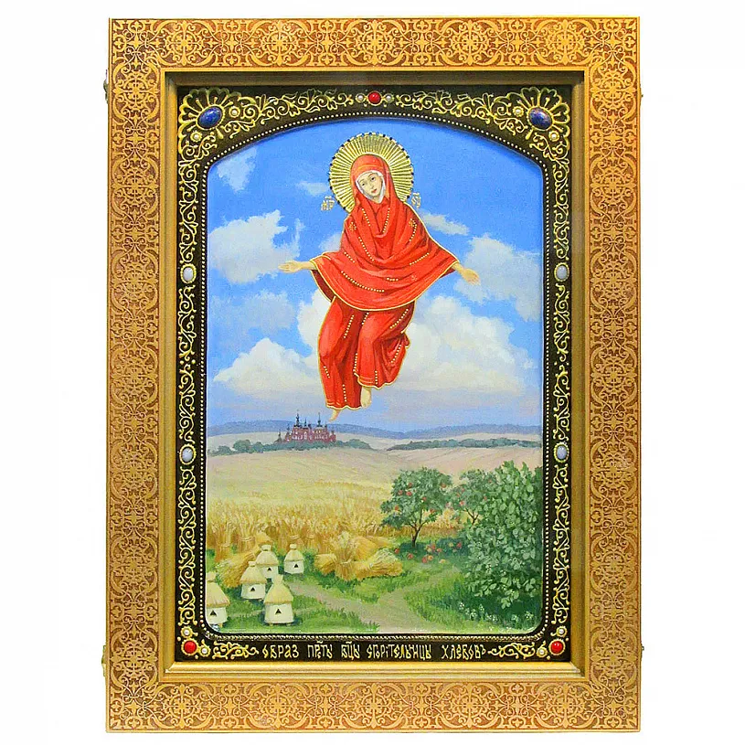 Живописная икона Образ Божией Матери "Спорительница хлебов" на кипарисе в березовом киоте