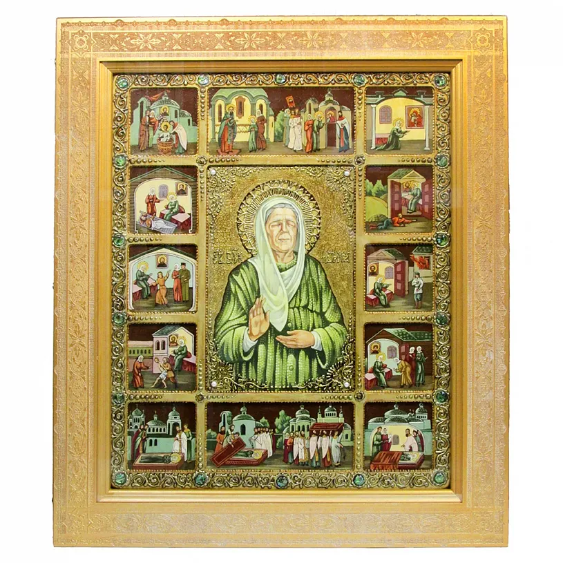 Живописная икона Блаженная старица Матрона Московская с житийными сценами на кипарисе