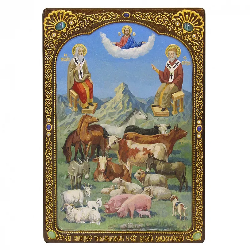 Икона живописная  "Святители Спиридон Тримифунтский и Власий Севастийский" на кипарисе в березовом киоте