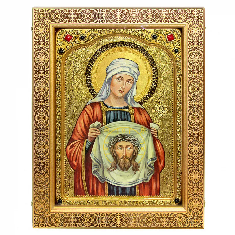 Живописная икона Святая Праведная Вероника Кровоточивая на кипарисе в березовом киоте