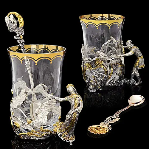 Коллекционный чайный набор из серебра на 2 персоны "Царевна лягушка"