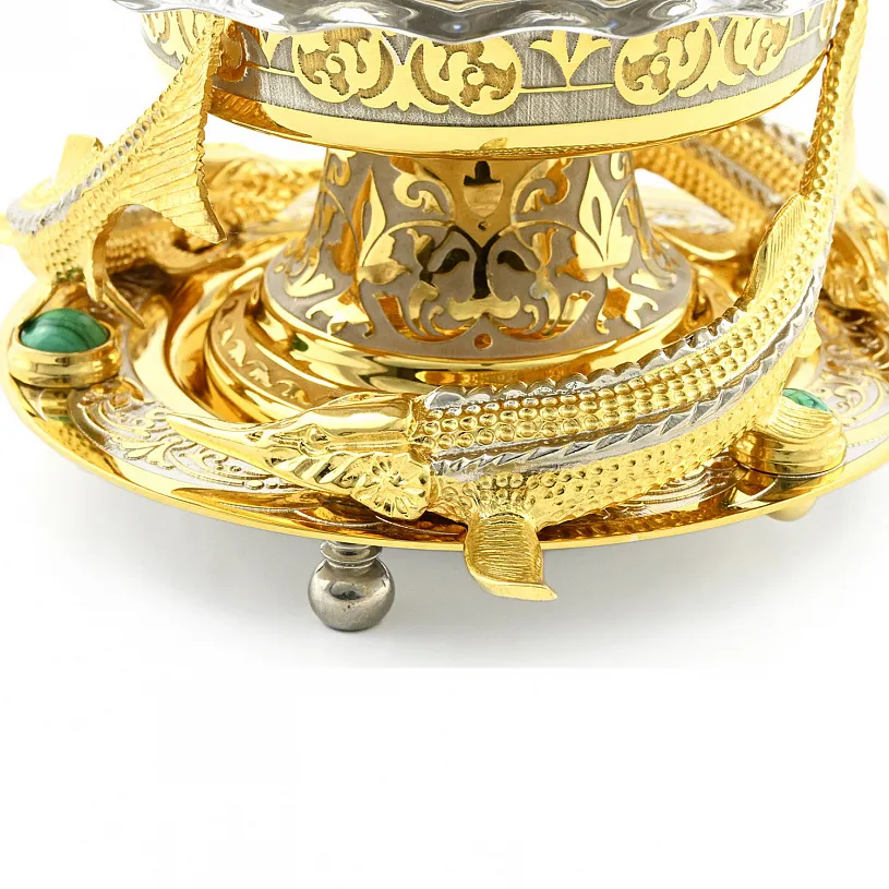 Икорница украшенная "Стерлядки" малахит, Златоуст