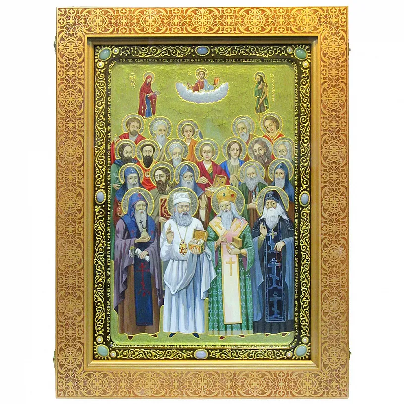 Живописная икона "Собор Святых Целителей" на кипарисе в березовом киоте
