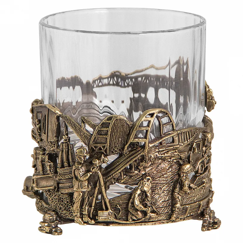 Бокал для виски "Строители" с камнями в деревянном футляре