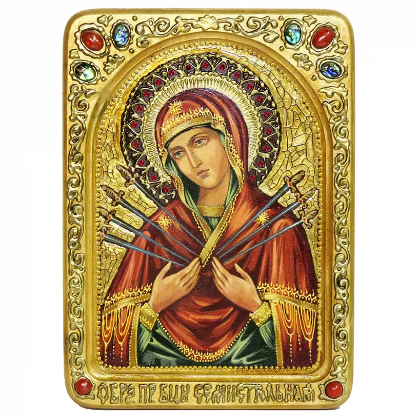 Живописная икона на кипарисе "Образ Божией Матери Семистрельная"