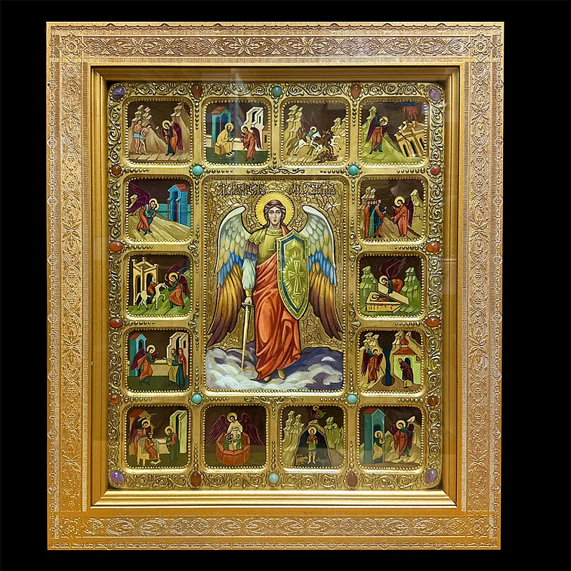 Живописная икона Архангел Михаил с житийными сценами на кипарисовой доске