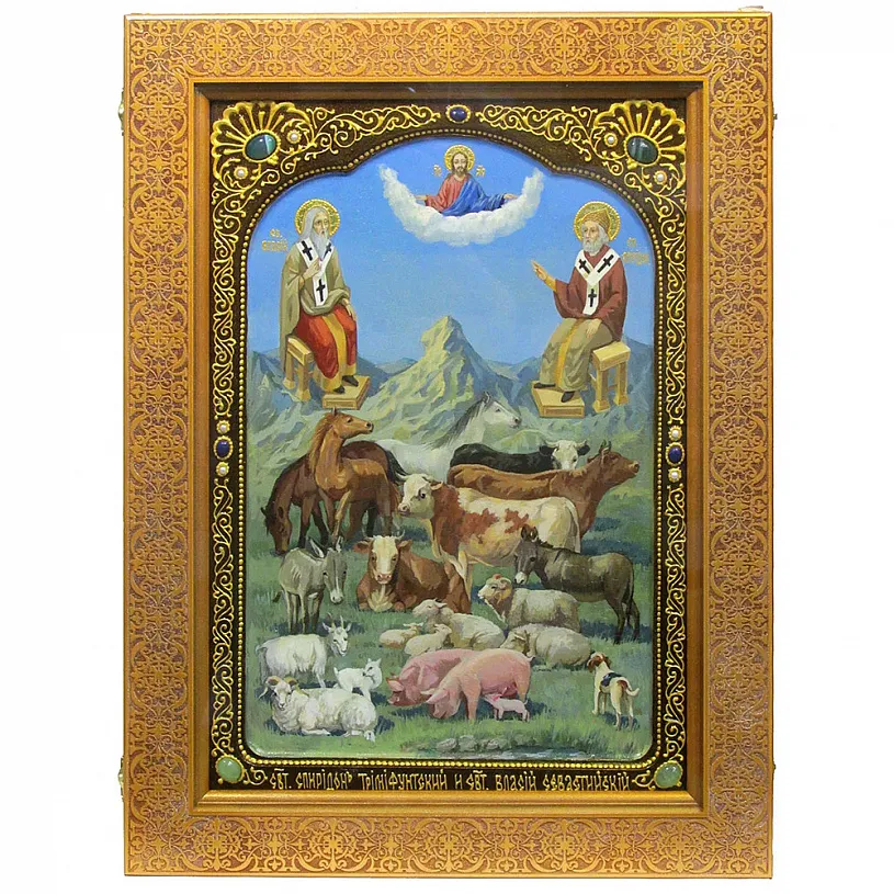 Икона живописная  "Святители Спиридон Тримифунтский и Власий Севастийский" на кипарисе в березовом киоте