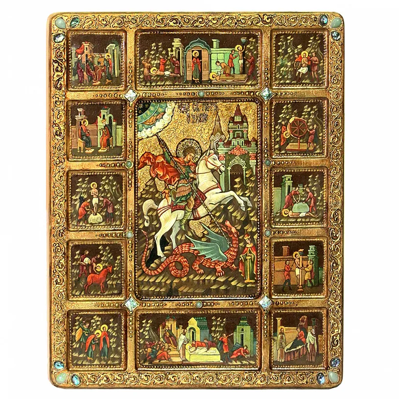 Живописная икона Георгий Победоносец с житийными сценами на кипарисовой доске