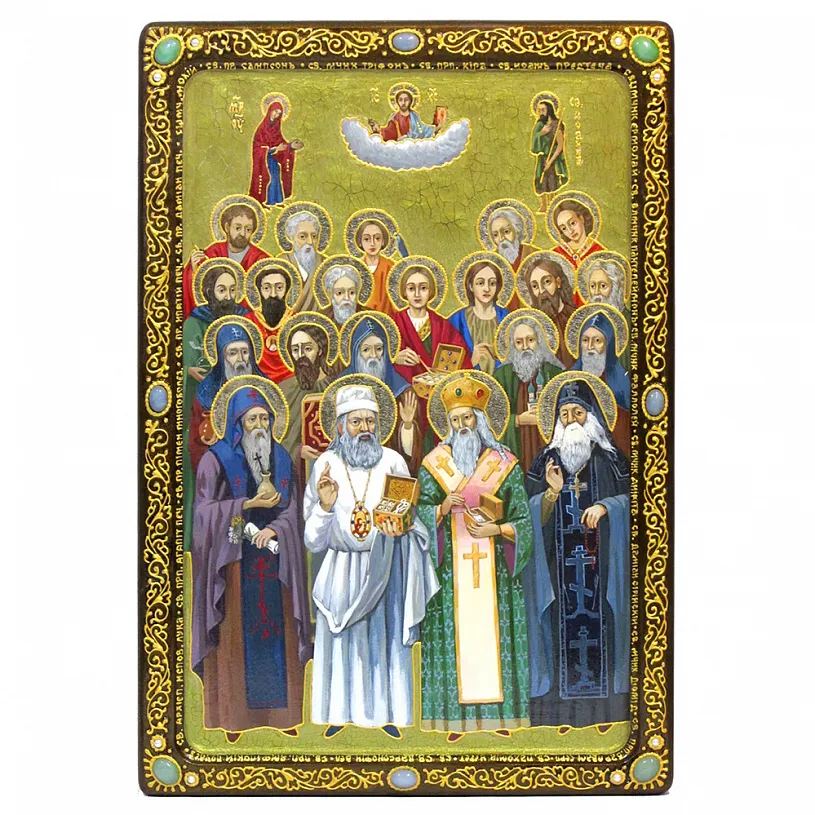 Живописная икона "Собор Святых Целителей" на кипарисе в березовом киоте